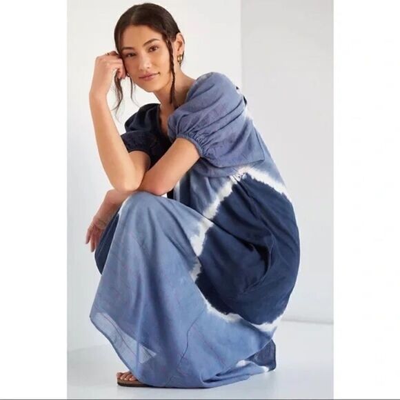 NEW Anthropologie Sundry Blue Embroidered Puff Sleeve Tie-Dye Midi Dress X-Small - Picture 3 of 11